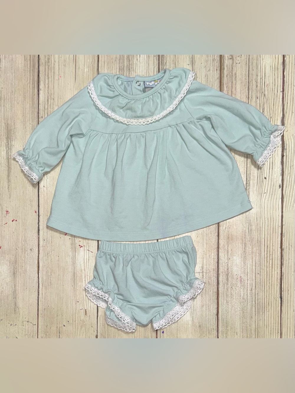 Three Sisters light sage bloomer set 3m baby girls boutique